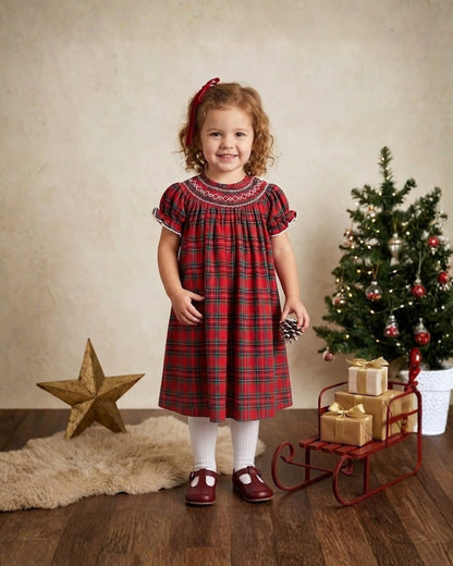 Lil Cactus Red Christmas Plaid Smocked Bishop Dress