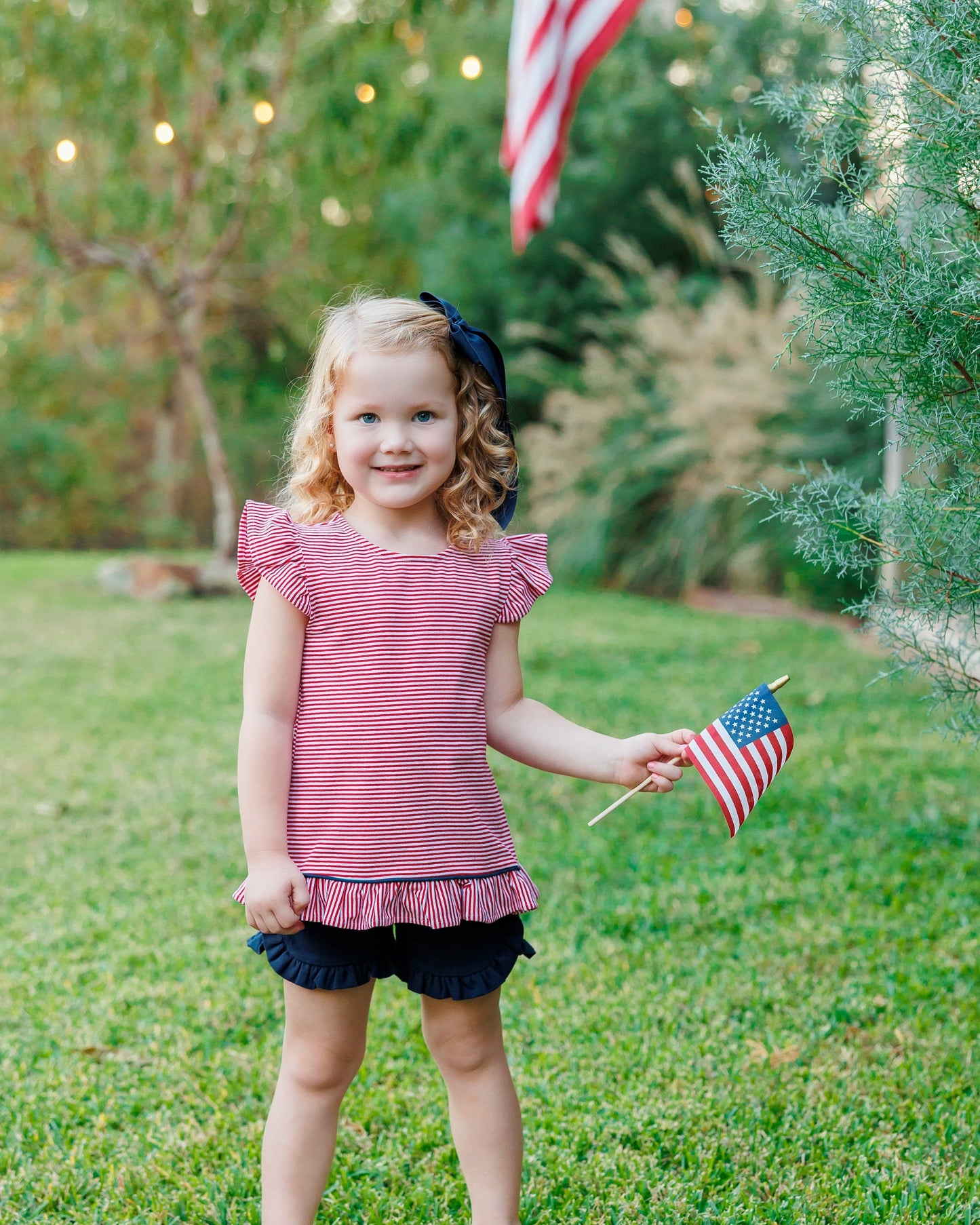 Jellybean Girl's Gracie Ruffle Short Set- Red Stripe and Navy