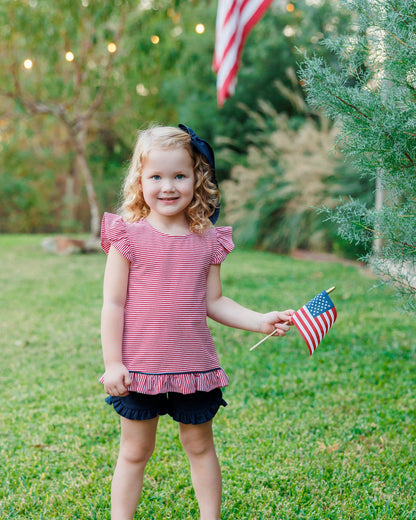 Jellybean Girl's Gracie Ruffle Short Set- Red Stripe and Navy
