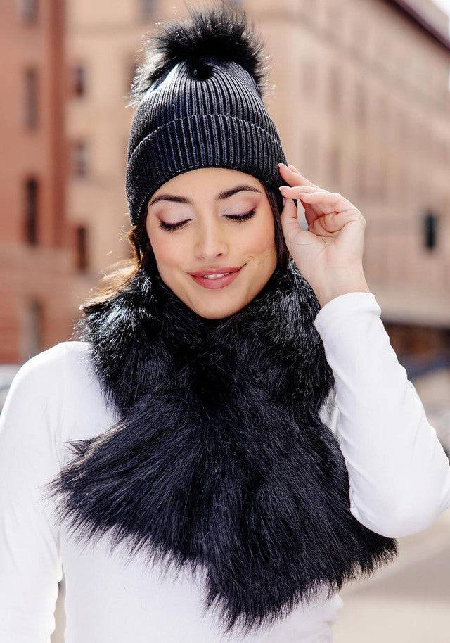 Black Metallic Knit Faux Fur Pom Hat - Persnickety Shop