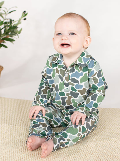 GOOSIES Long Sleeve Polo Romper-Pebble Camo