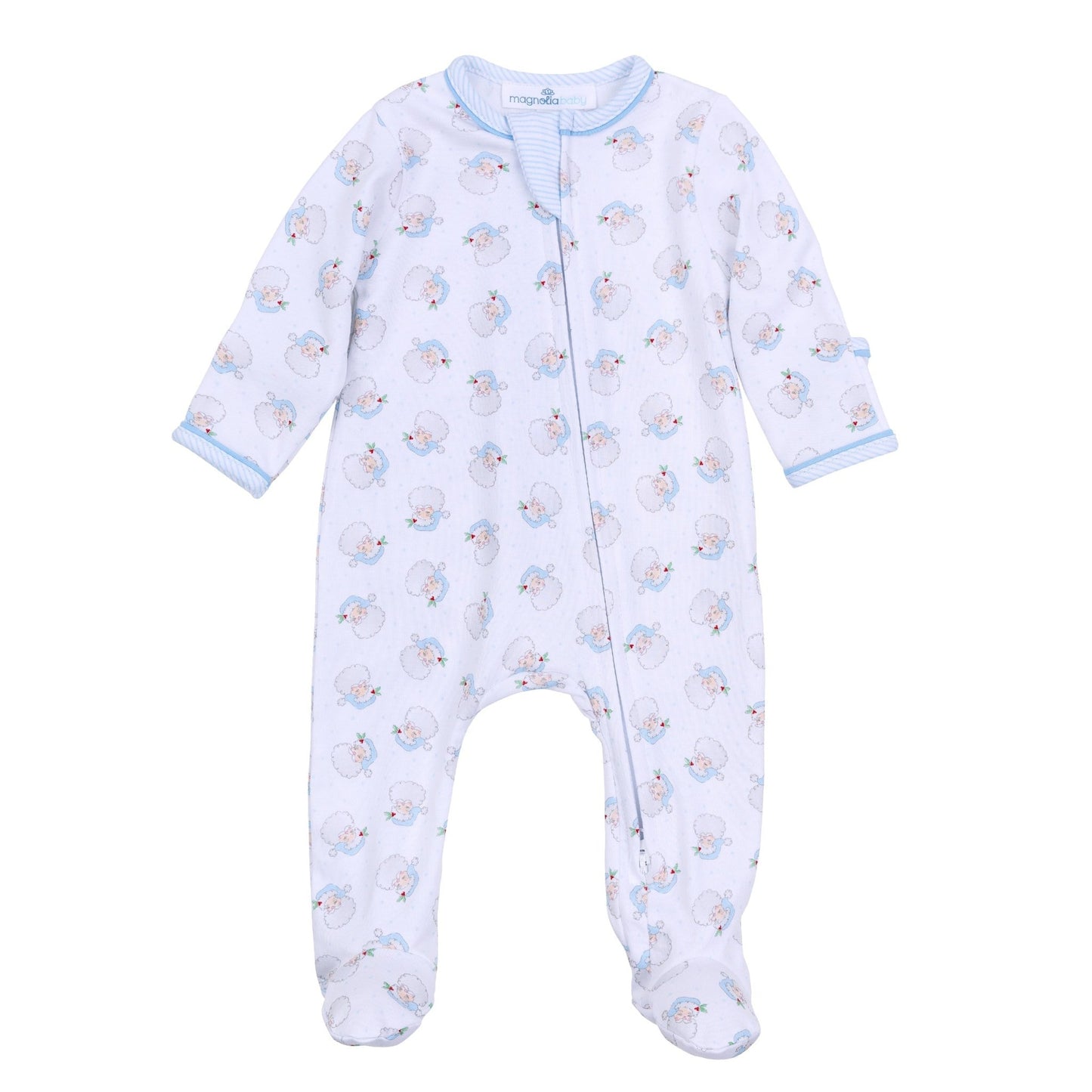 Magnolia Baby Santa Baby Print Ruffle Zip Footie - Blue - Persnickety Shop