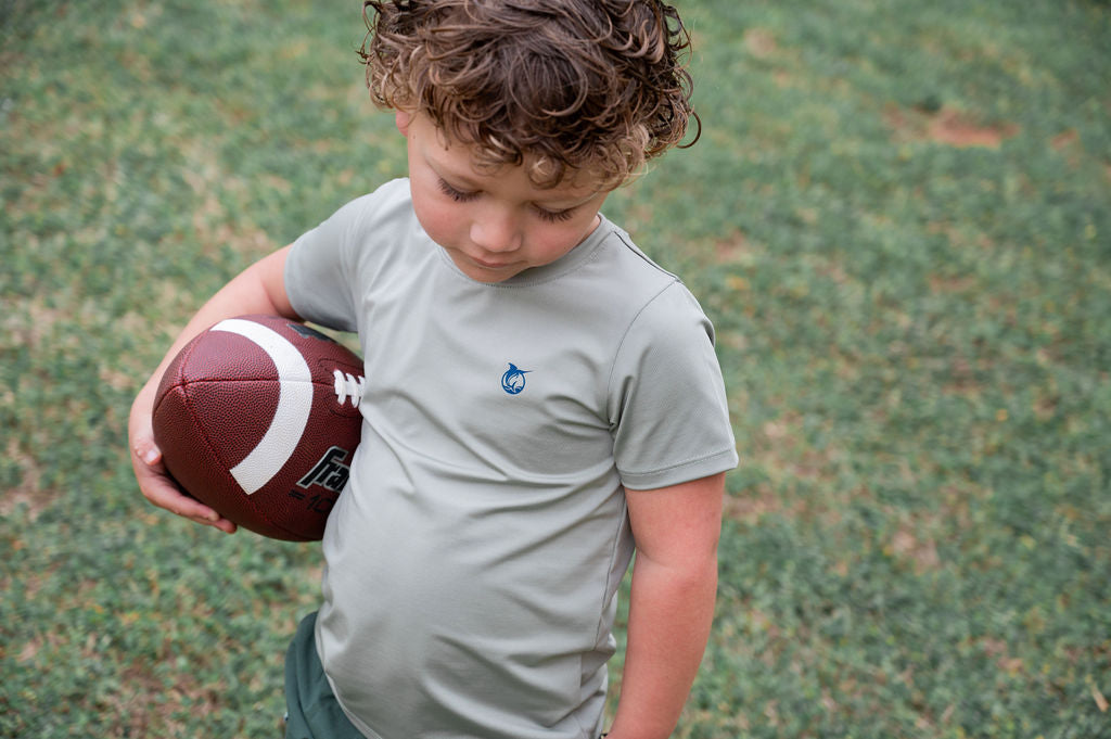 PRODOH Boys' Pro Performance Short Sleeve T-shirt in Sage Green with Football Art