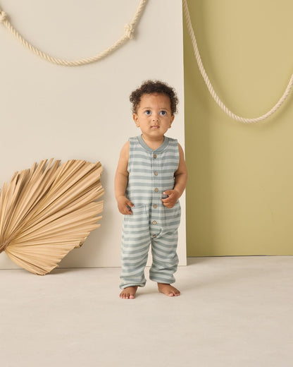SUMMER WAFFLE JUMPSUIT SEA GREEN STRIPE - Persnickety Shop