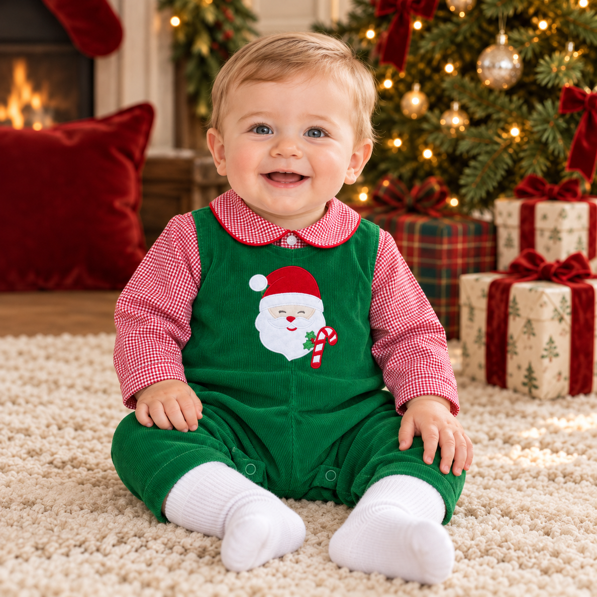 Petit Ami Green Santa Applique Longall Set