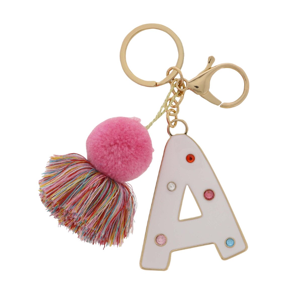 WHITE ENAMEL LETTER WITH MULTI CRYSTALS & POM TASSEL KEYCHAIN - Persnickety Shop