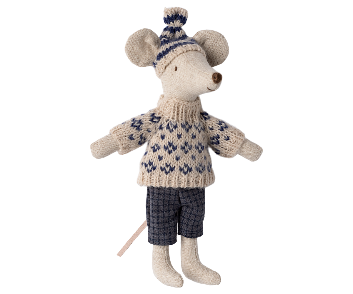 PREORDER Maileg NEW Winter mouse with ski set, Dad - Blue 17-4305