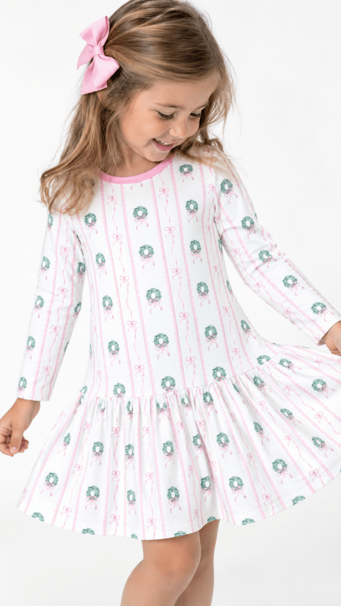 Lullaby Set- Dani Dropwaist Dress Long Sleeve Boxwood and Bows