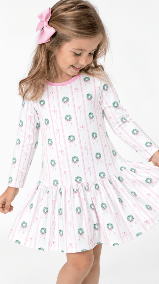 Lullaby Set- Dani Dropwaist Dress Long Sleeve Boxwood and Bows