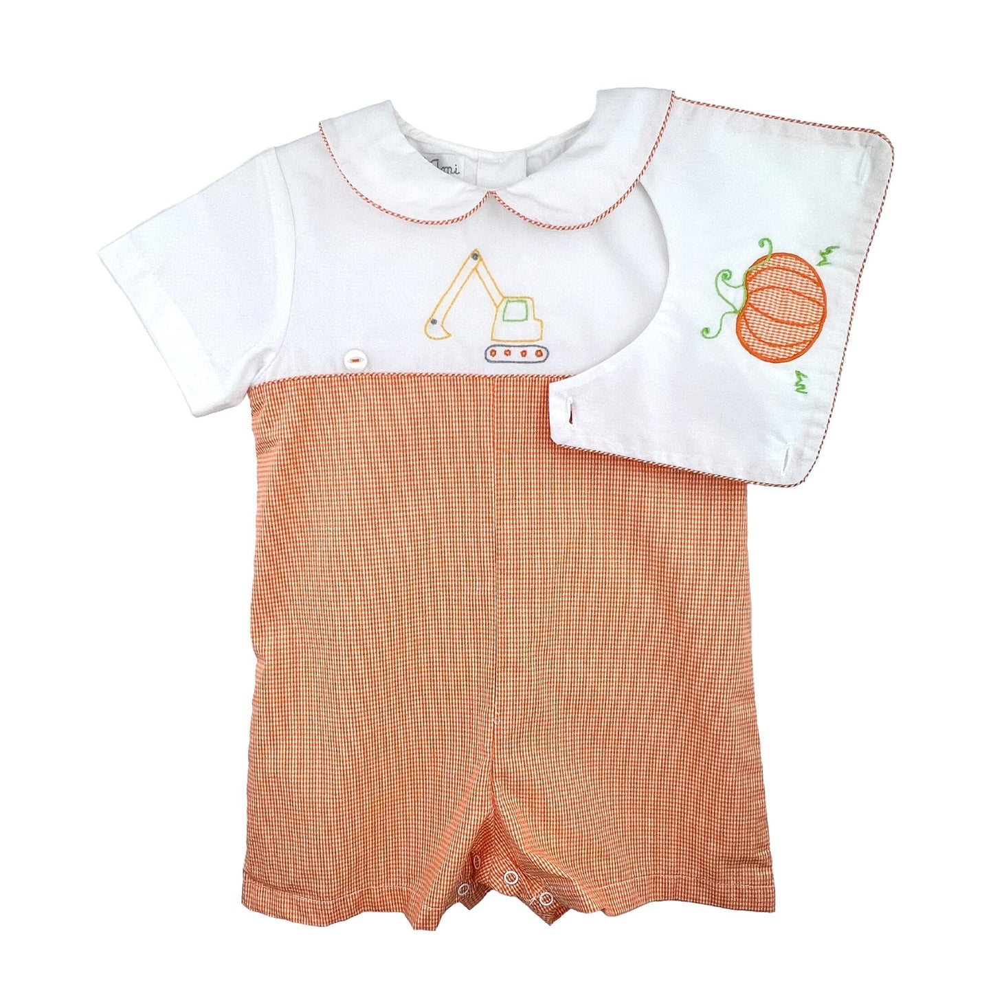 Petit Ami CONSTRUCTION ROMPER WITH REMOVEABLE PUMPKIN BIB