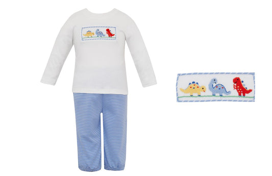 Boys DINOSAURS - Blue knit stripe boy´s PANT SET - w/ white knit T-shirt L/S - Persnickety Shop