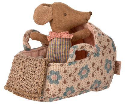 Maileg NEW Baby Mouse In Carry Cot - Rose