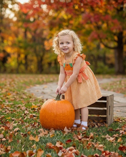 Lil Cactus Orange Gingham Ruffle Pumpkin Bow Dress