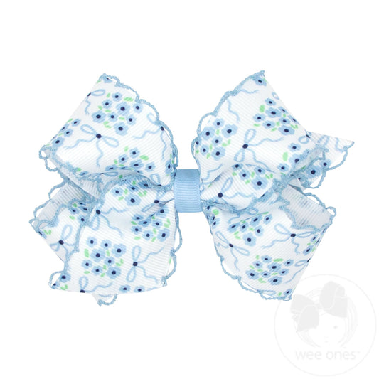 Wee Ones Medium Moonstitch Hair Bow in Millennium Blue Bow and Flower Print - Persnickety Shop