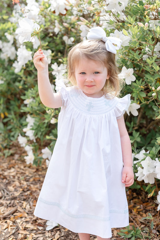 Lil Cactus White and Blue Holy Smocked Bishop Dress