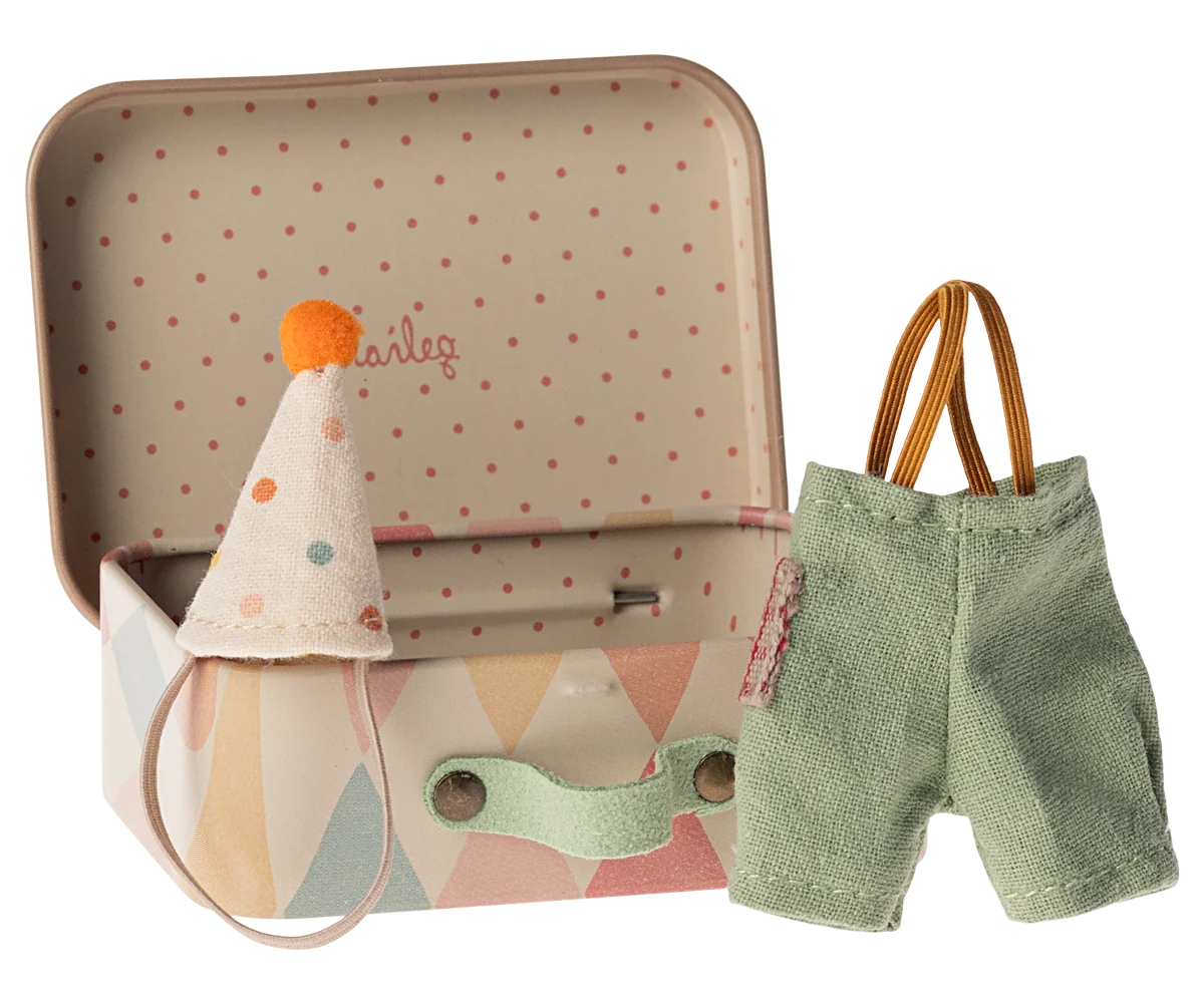 Maileg NEW Clown clothes in suitcase, Little brother mouse