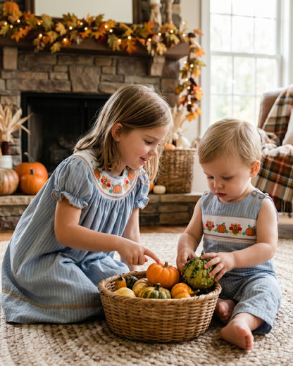 Lil Cactus Light Blue Pinstripe Turkey Smocked Bishop Dress