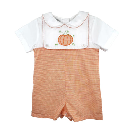 Petit Ami CONSTRUCTION ROMPER WITH REMOVEABLE PUMPKIN BIB