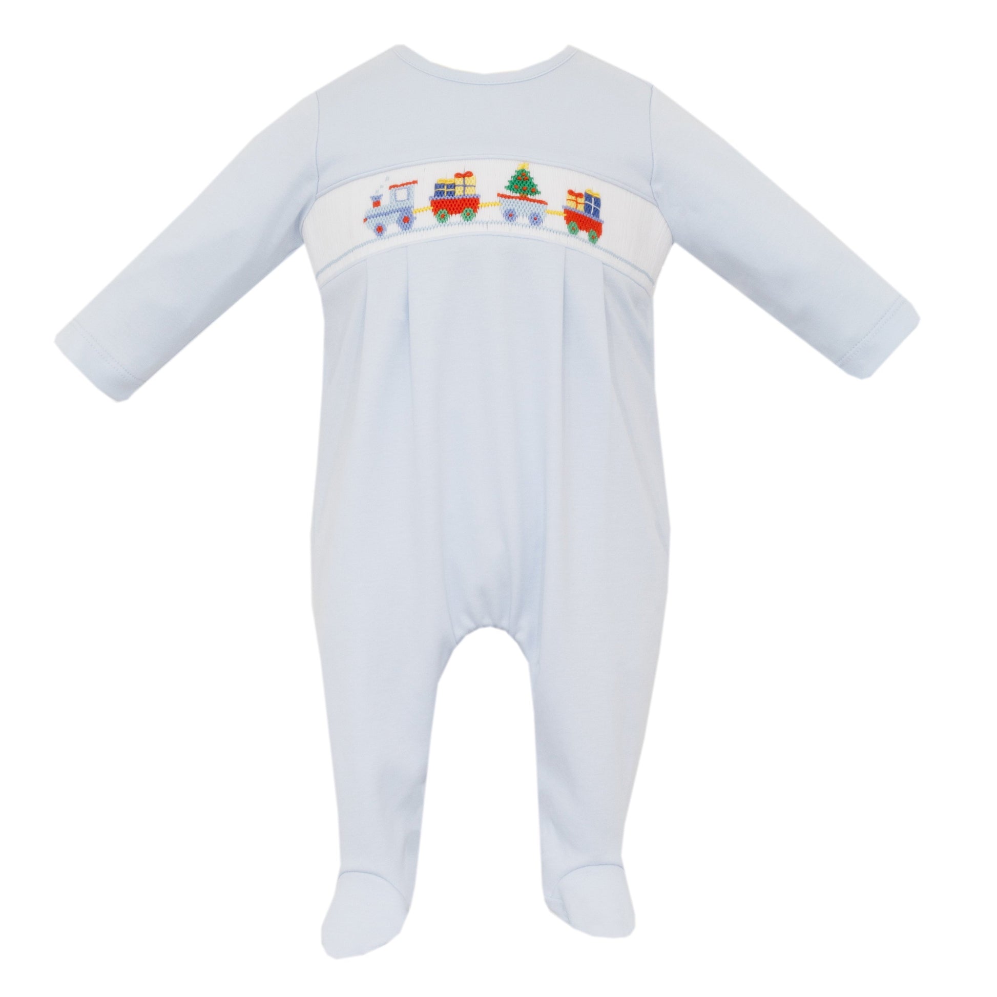 Petit Bebe Light Blue Smocked  knit boy´s long footie L/S W/FEET - Persnickety Shop