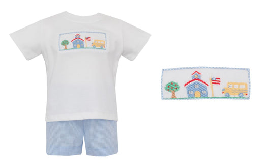 Petit Bebe Boy Short Set Smocked SCHOOL HOUSE