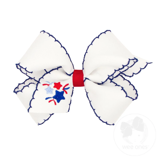 Wee Ones Medium FIREWORK Patriotic Embroidery on Moonstitch Edge Hair Bow - Persnickety Shop