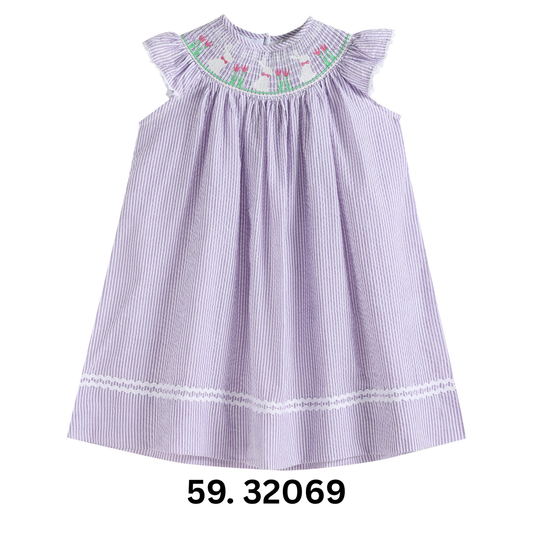 Light Purple Seersucker Easter Bunny Smocked Bishop Dress - Persnickety Shop