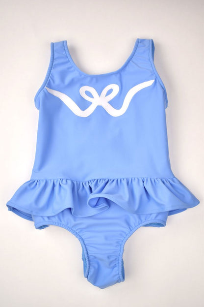 Girls Blue Ruffle Swimsuit with White Bow Appliqué by Funtasia Too! - Persnickety Shop