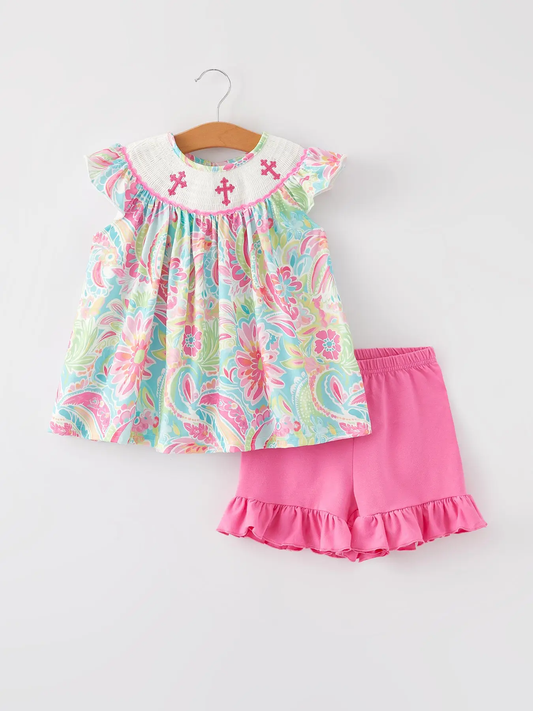 Rylee Faith Girl's Easter Cross Smocking Short Set - Persnickety Shop