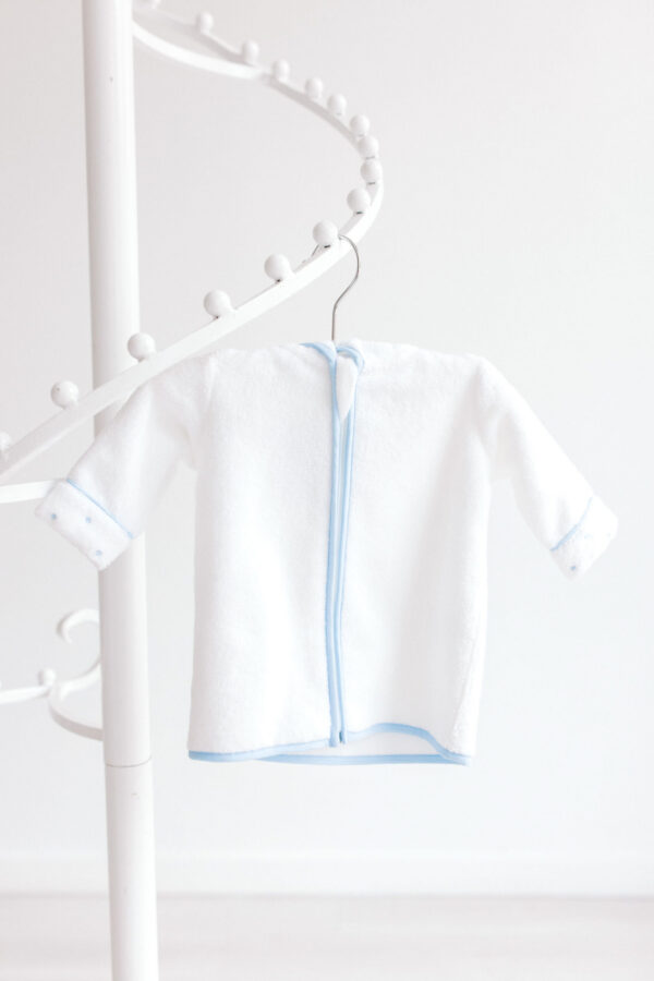 Terry Tots Baby Bathrobe – White with Blue Dots