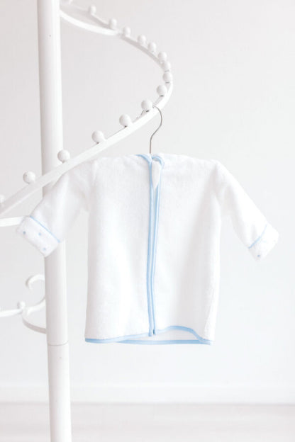 Terry Tots Baby Bathrobe – White with Blue Dots