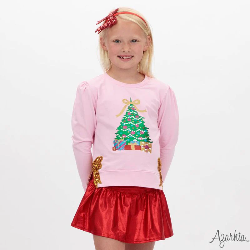 Azarhia Christmas Tree in Glitter on Pink Holly Top - Persnickety Shop