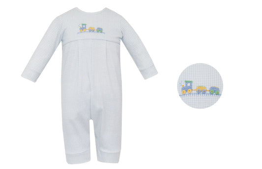 PRE-ORDER TRAIN - Lt.blue gingham knit boy´s long romper L/S - Persnickety Shop