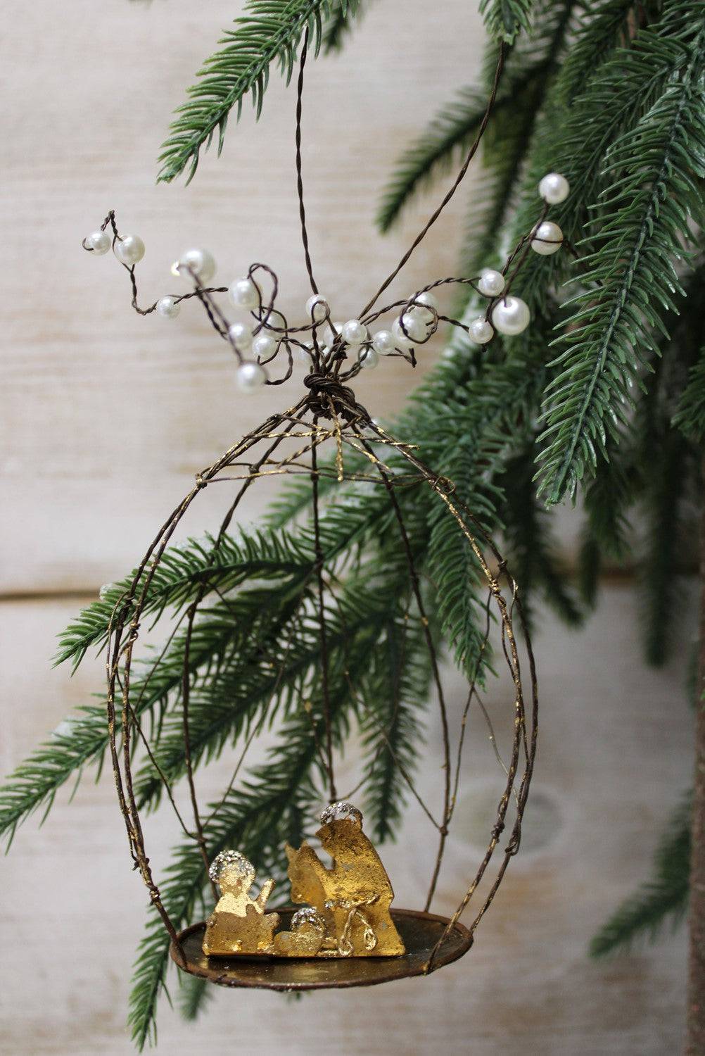 4x6.25" Wire Ornament w/ Pearls, Gold Nativity Silhouette, 4"Drop - Persnickety Shop