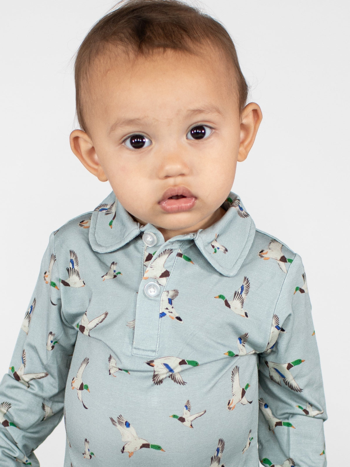 GOOSIES Long Sleeve Polo Romper-Mallards