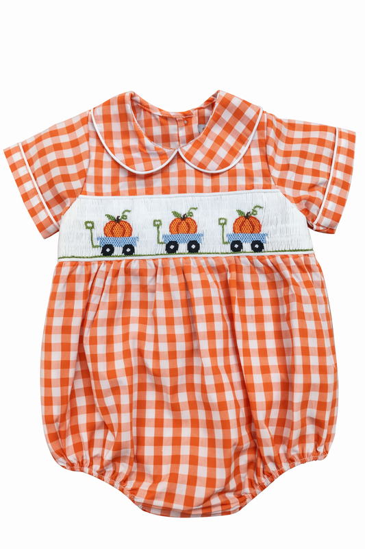 SWEET DREAMS BOYS PUMPKIN SMOCKED ORANGE GINGHAM BUBBLE