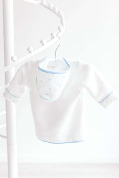 Terry Tots Baby Bathrobe – White with Blue Dots