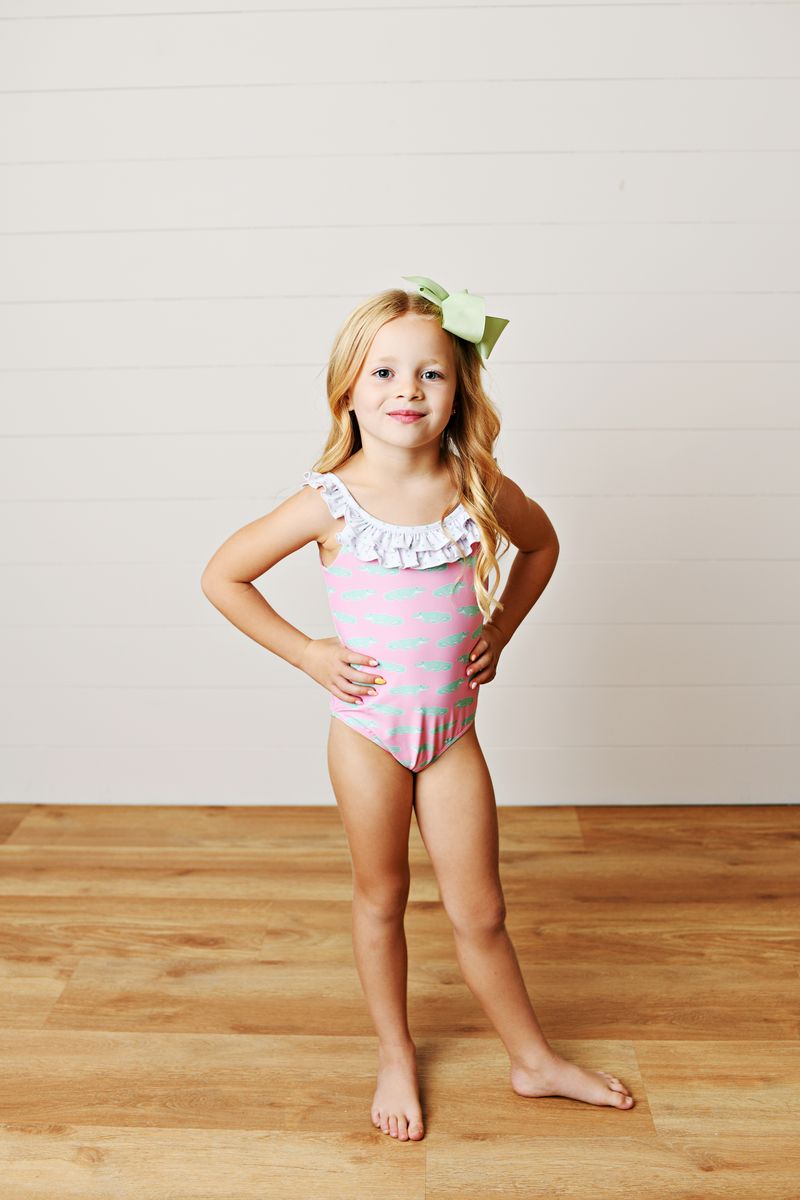 Swoon Pink Gator and polka Dot Ruffle Swimsuit - Persnickety Shop