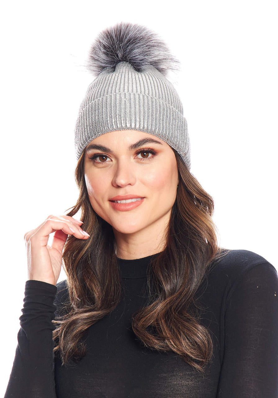 Silver Metallic Knit Faux Fur Pom Hat - Persnickety Shop