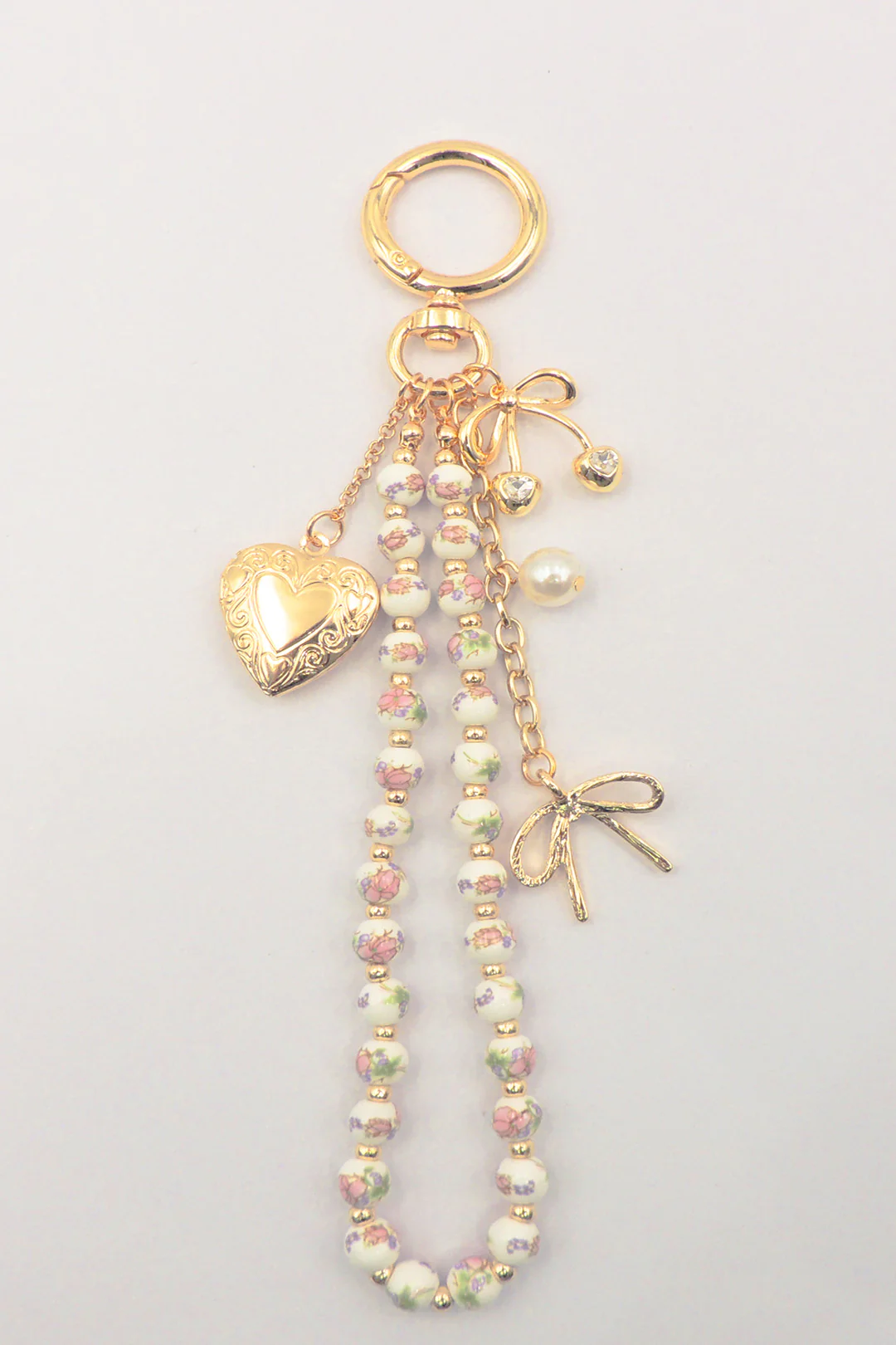 Backpack Charm- Bow, Heart, Cherrys with Pink and White Ceramic Beaded Chain - Persnickety Shop
