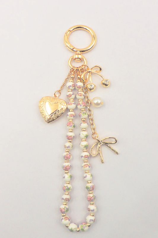 Backpack Charm- Bow, Heart, Cherrys with Pink and White Ceramic Beaded Chain - Persnickety Shop