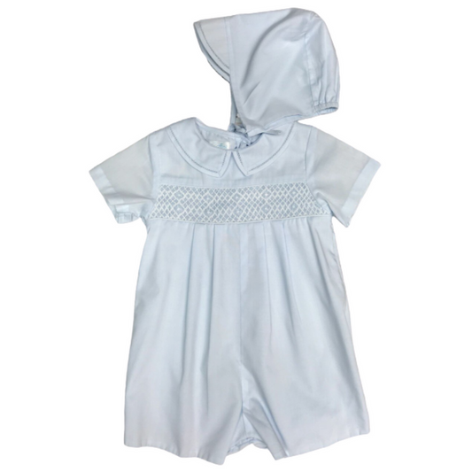 Petit Ami Light Blue Romper with White Geometric Smocking & Hat – Baby Boys - Persnickety Shop