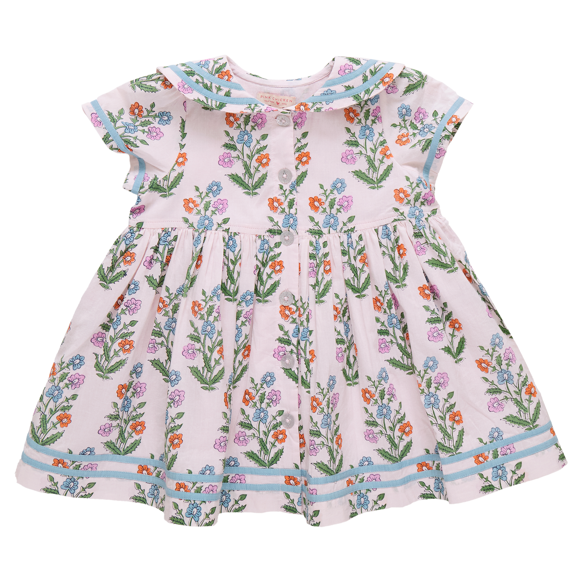 Pink Chicken - Girls Elowen Dress - Pink Dewdrop Block Print Spring - Persnickety Shop