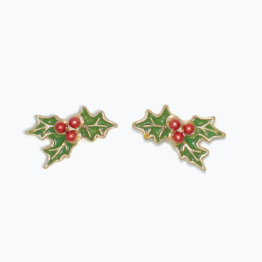 Earrings-Enameled Holiday Holly