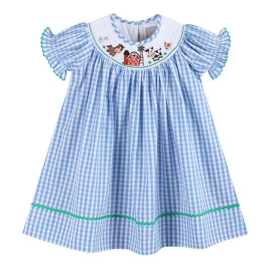 Blue Gingham Farm Smocked Bishop Dress - Persnickety Shop