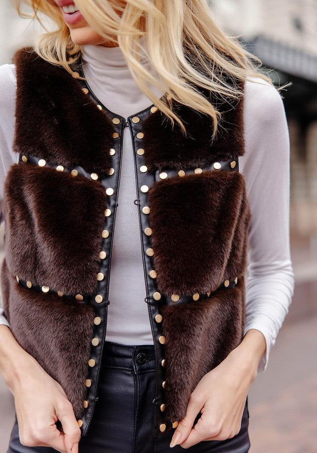 Espresso Faux Fur Giselle Studded Vest - Persnickety Shop