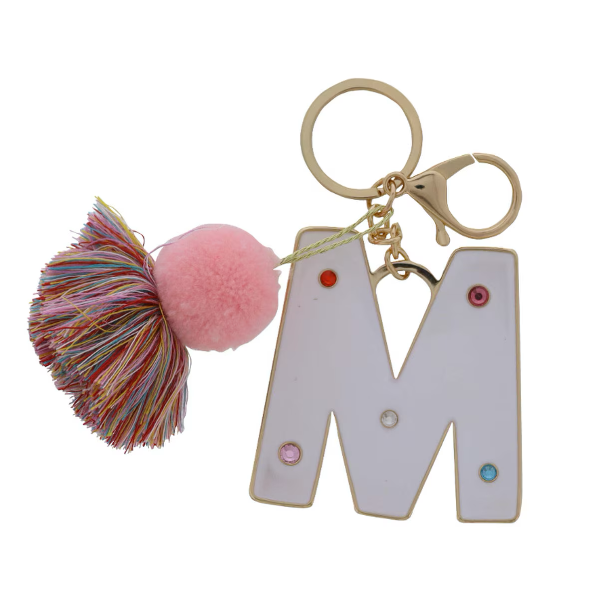 WHITE ENAMEL LETTER WITH MULTI CRYSTALS & POM TASSEL KEYCHAIN - Persnickety Shop