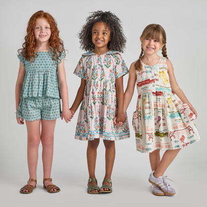 Pink Chicken - Girls Elowen Dress - Pink Dewdrop Block Print Spring - Persnickety Shop
