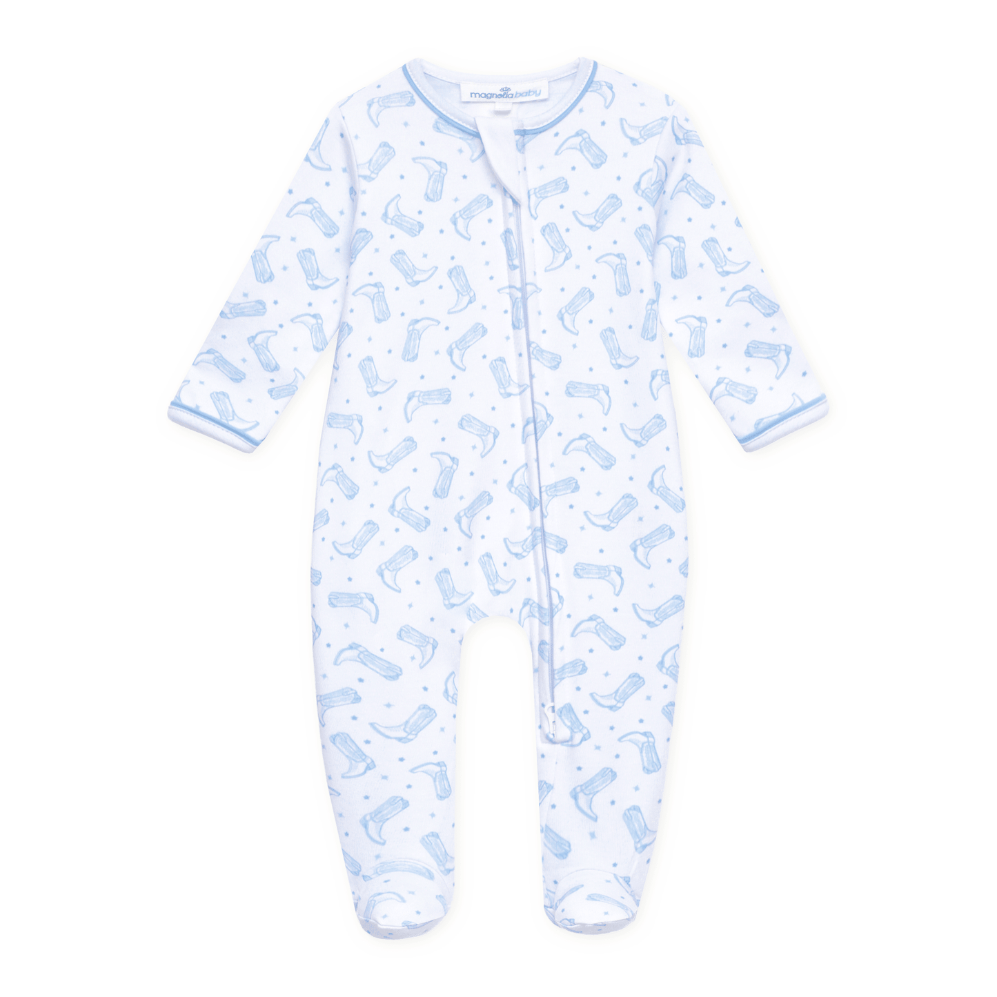 MAGNOLIA BABY Darling Cowboy Boots Print Zip Footie - Light Blue