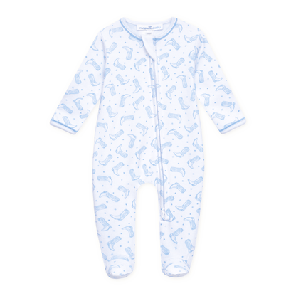 MAGNOLIA BABY Darling Cowboy Boots Print Zip Footie - Light Blue
