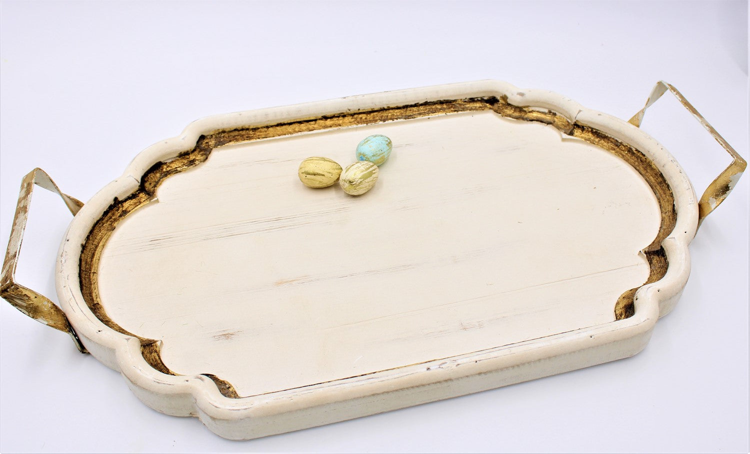 20.25x11.75" Wood Tray, White with Antiqued Gold Trim - Persnickety Shop